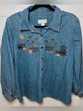 Vintage Halloween Embroidered Debim Button Down 1X | CJ Banks